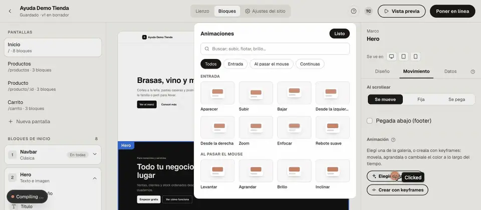 Pestaña Interacciones: «Agregar interacción», «Al aparecer» y «Animación de la galería» abren las animaciones; se elige «Subir» y aparecen Duración y Corre.