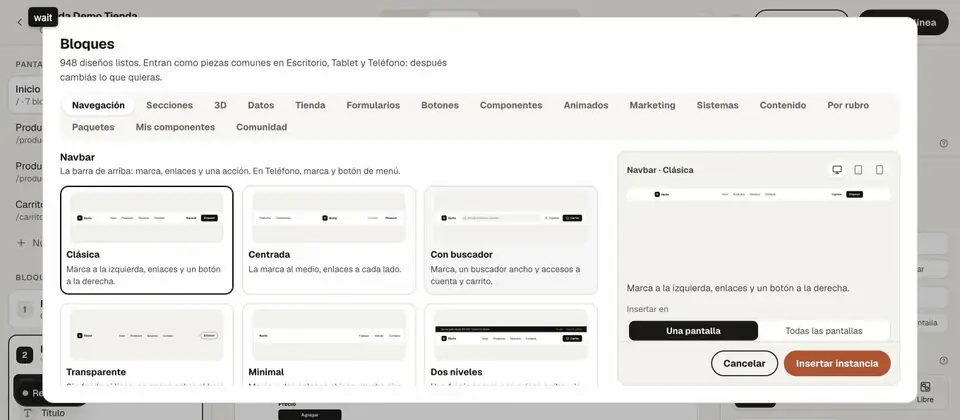 Con el «+» de abajo de un bloque se abre la biblioteca, se elige Secciones, el diseño «Oscuro con cifras» y se inserta.