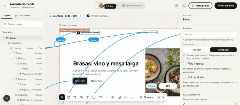 Se cambia entre las vistas Lienzo y Bloques desde la barra de arriba: la misma pantalla, armada por bloques o pieza por pieza.