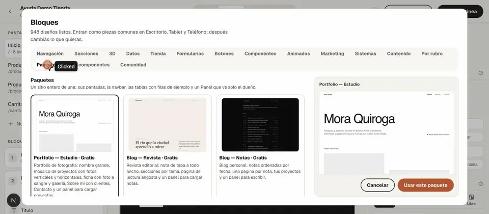 La pestaña Paquetes de la biblioteca: Portfolio, Blog Revista y Blog Notas, con la vista previa del sitio entero.