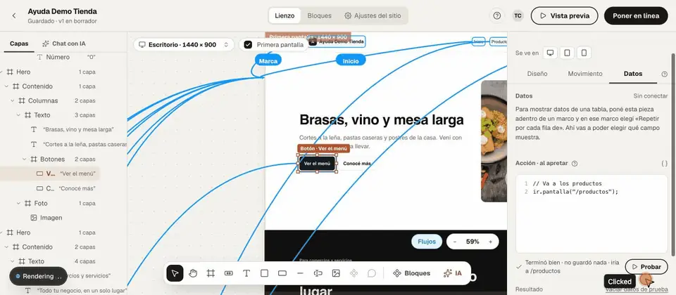 La acción de un botón en la pestaña Interacciones (Al tocar) y el botón Probar, con el resultado abajo.