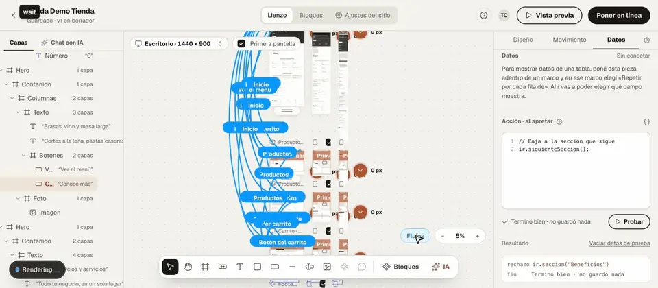El tablero entero alejado, con las flechas de flujo que unen cada botón con la pantalla a la que lleva.