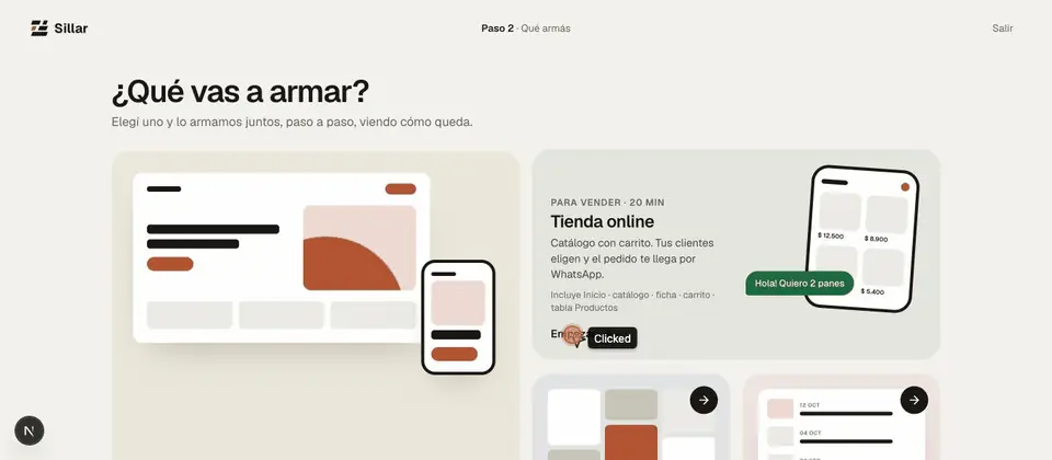 Crear una tienda: «Tienda online», nombre del negocio y rubro, y el primer paso del armado guiado.