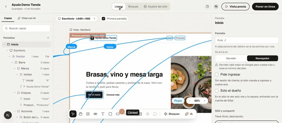 El editor en la vista Lienzo: barra de arriba con Lienzo, Bloques y Ajustes del sitio; Capas a la izquierda y el panel de la pantalla a la derecha.