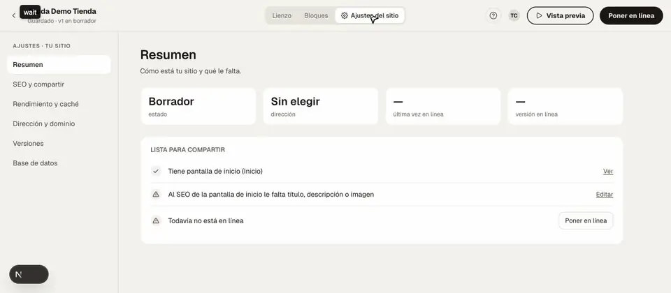 Ajustes del sitio: Resumen, SEO y compartir, Dirección y dominio, y Versiones.
