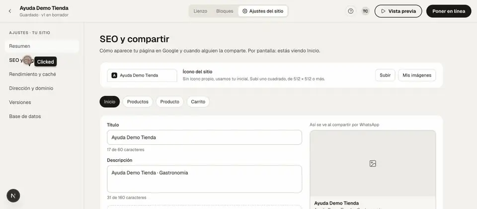 SEO y compartir: ícono del sitio, título y descripción por pantalla y la tarjeta de cómo se ve en WhatsApp.