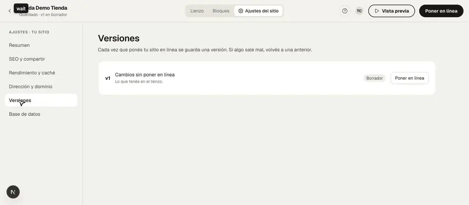 Ajustes del sitio, Versiones: la versión en borrador con el botón Poner en línea.